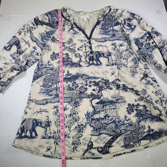 Weekend By Suzanne Betro Cotton Blue/White Long Sleeve Printed Tunic Top Size L - Picture 9 of 10